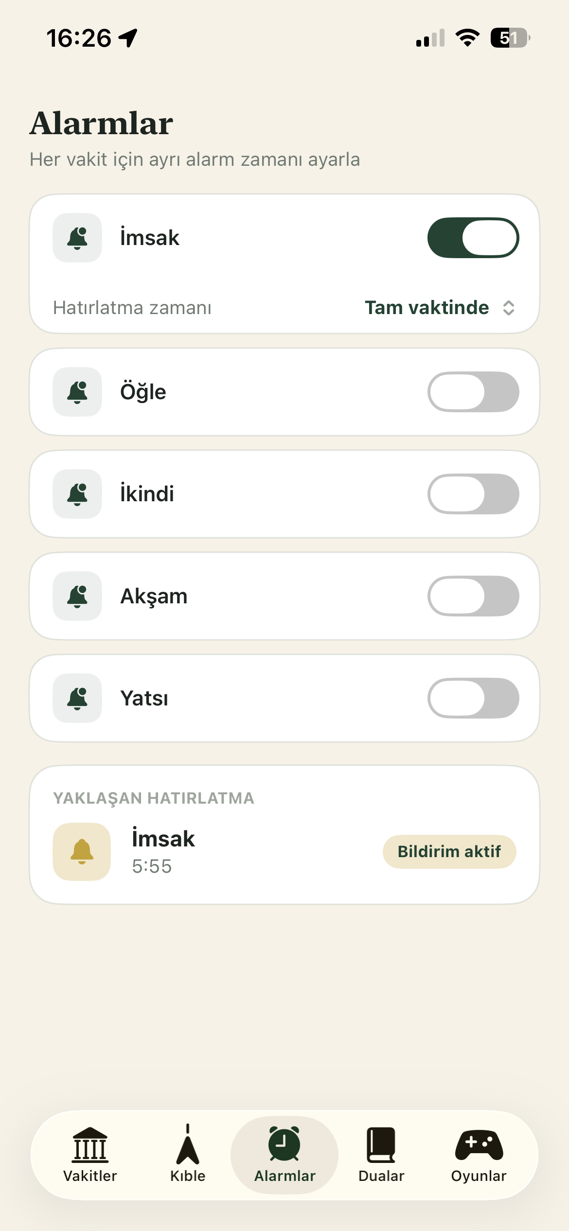 Individual prayer reminders and a view of the next notification.