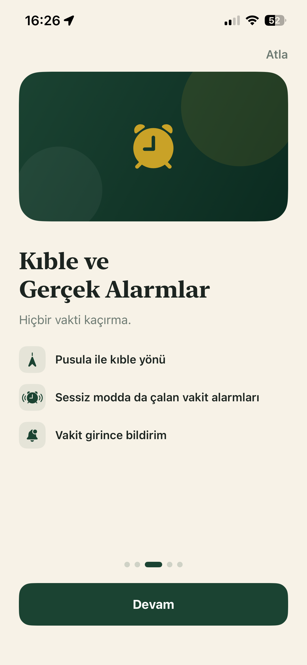 An introduction to the qibla compass, alarms, and prayer notifications.