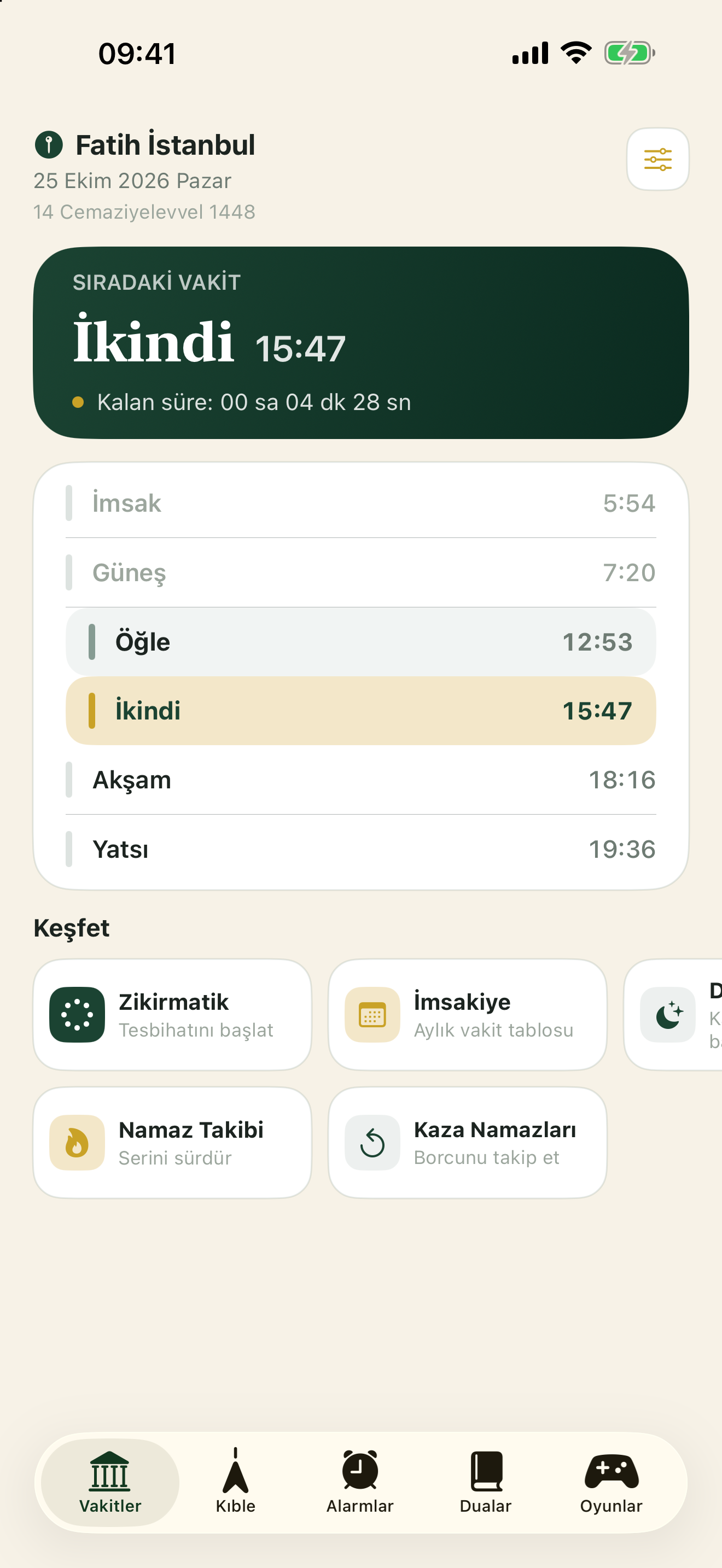 The prayer times screen with a horizontal discovery menu.