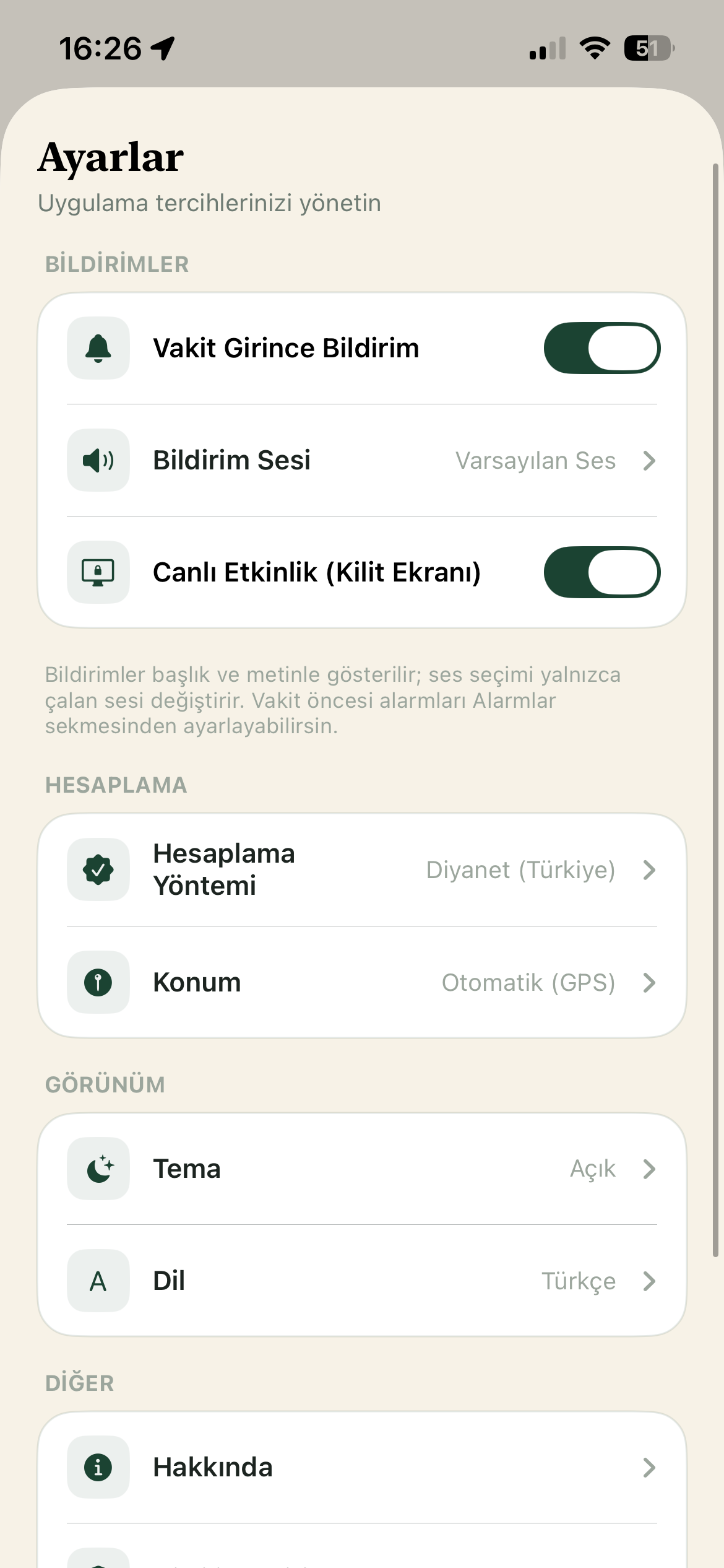 Notification, calculation, location, appearance, and language preferences.